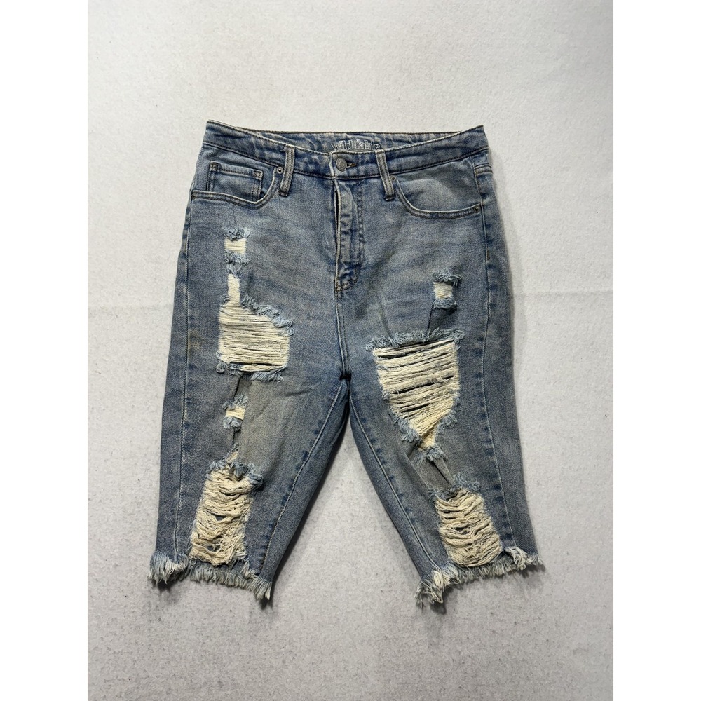 Wild Fable Shorts Womens Small Blue Denim High Rise Distressed Bermuda Raw Hem